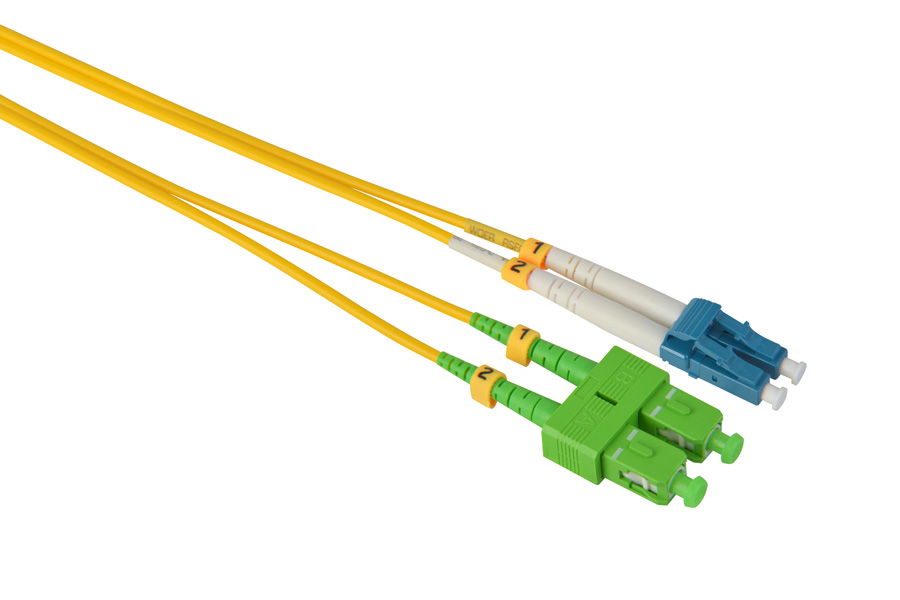 Customized Length 3.0mm SC/APC - LC/UPC Singlemode Duplex Fiber Optical Patch Cable, 9/125μm, Yellow LSZH Jacket